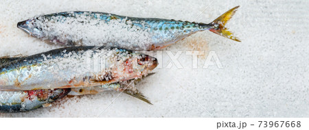 Whole raw organic mackerel fish with sea salt lying on a flat surface 73967668