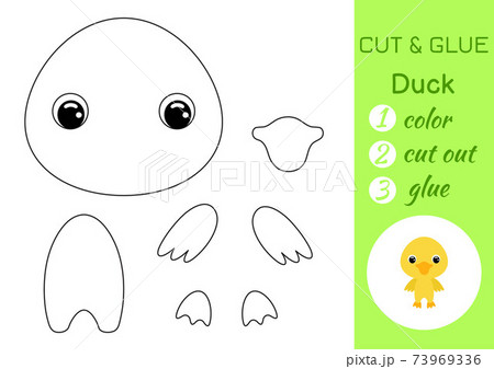 Coloring book cut and glue baby duck. Educational paper game for preschool children. Cut and Paste Worksheet. Color, cut parts and glue on paper. Vector illustration. 73969336