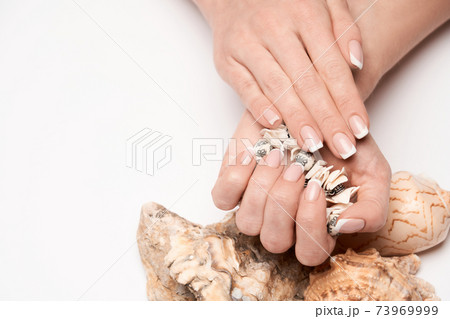 Beautiful Female well-groomed Hands with French manicure holding sea shell over light background Beautiful Female well-groomed Hands with French manicure holding sea shell over light background 73969999