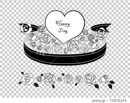 リボンとバラに囲まれたハート モノクロのイラスト素材