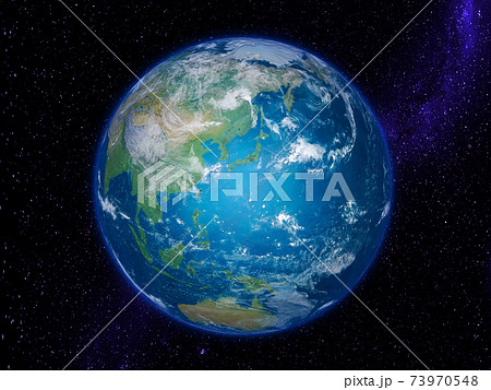 地球　日本列島を中心で背景はスターフィールド銀河 73970548