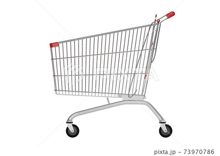 Metal wire shopping cart with red handle for mall isolated on white background, self-service supermarket trolley, grocery shop, empty bag on wheels to carry heavy items, purchasing, 3d rendering 73970786