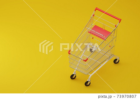 Metal wire shopping cart with red handle for mall on yellow background, self-service supermarket trolley, grocery shop, empty bag on wheels to carry heavy items, purchasing, 3d rendering Metal wire shopping cart with red handle for mall on yellow background, self-service supermarket trolley, grocery shop, empty bag on wheels to carry heavy items, purchasing, 3d rendering 73970807