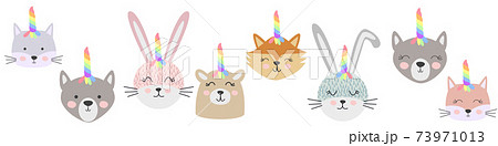 Set of cute funny animals with unicorn horns. Scandinavian style flat design. Concept for children print. Cat, wolf, bear, fox, rabbit Set of cute funny animals with unicorn horns. Scandinavian style flat design. Concept for children print. Cat, wolf, bear, fox, rabbit 73971013