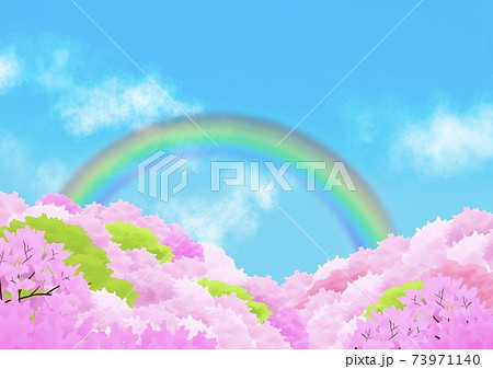 桜と青空と虹の風景のイラスト素材