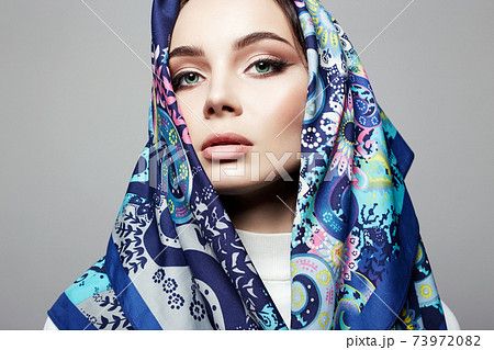 beautiful woman in color flower veil. beauty girl in colorful hijab beautiful woman in color flower veil. beauty girl in colorful hijab 73972082