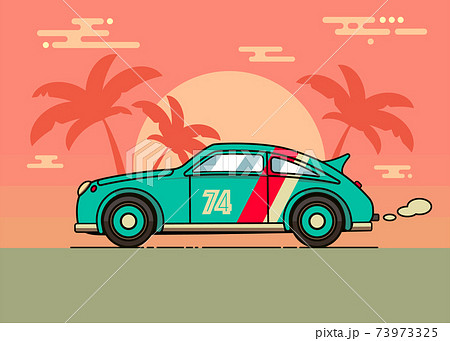 70's, 80's retro vintage illustration of a old car on the beach. Fashionable poster simple graphic old style with sunset, old-fashioned racing car and palm trees. Easy editable template. Vector. 70's, 80's retro vintage illustration of a old car on the beach. Fashionable poster simple graphic old style with sunset, old-fashioned racing car and palm trees. Easy editable template. Vector. 73973325