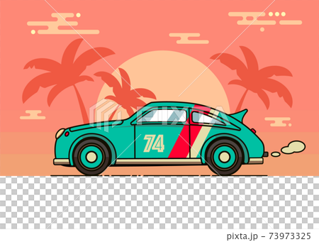 70's, 80's retro vintage illustration of a old car on the beach. Fashionable poster simple graphic old style with sunset, old-fashioned racing car and palm trees. Easy editable template. Vector. 70's, 80's retro vintage illustration of a old car on the beach. Fashionable poster simple graphic old style with sunset, old-fashioned racing car and palm trees. Easy editable template. Vector. 73973325