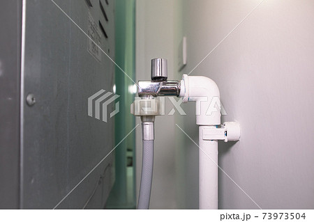 Flexible water supply hoses connect with faucet and pvc pipe. 73973504