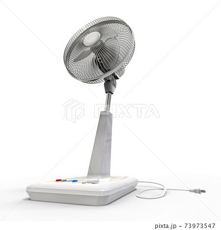 White electric fan. Three-dimensional model on a white background. Fan with control buttons on the stand. A simple device for air ventilation. 3d illustration. White electric fan. Three-dimensional model on a white background. Fan with control buttons on the stand. A simple device for air ventilation. 3d illustration. 73973547