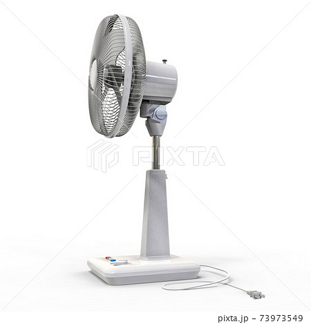 White electric fan. Three-dimensional model on a white background. Fan with control buttons on the stand. A simple device for air ventilation. 3d illustration. White electric fan. Three-dimensional model on a white background. Fan with control buttons on the stand. A simple device for air ventilation. 3d illustration. 73973549