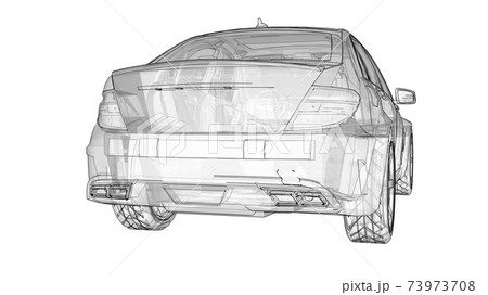 Transparent super fast sports car delineated lines on a white background. Body shape sedan. Tuning is a version of an ordinary family car. 3d rendering. 73973708