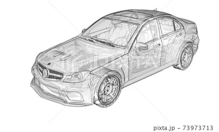 Transparent super fast sports car delineated lines on a white background. Body shape sedan. Tuning is a version of an ordinary family car. 3d rendering. 73973713