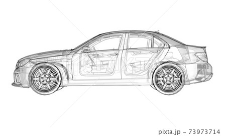 Transparent super fast sports car delineated lines on a white background. Body shape sedan. Tuning is a version of an ordinary family car. 3d rendering. 73973714