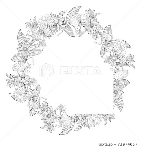 Wreath from vanilla orchid, pink lotus flower, floral round decoration border Wreath from vanilla orchid, pink lotus flower, floral round decoration border 73974057
