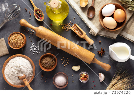 Bakery ingredients for homemade bread baking on table 73974226