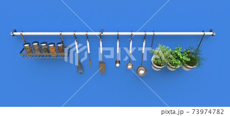 Kitchenware, dry bulk and live seasonings in pots hang on the wall. 3d rendering. Kitchenware, dry bulk and live seasonings in pots hang on the wall. 3d rendering. 73974782