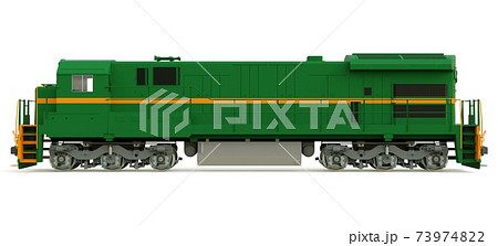 Modern green diesel railway locomotive with great power and strength for moving long and heavy railroad train. 3d rendering. 73974822