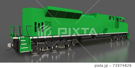 Modern green diesel railway locomotive with great power and strength for moving long and heavy railroad train. 3d rendering. 73974826