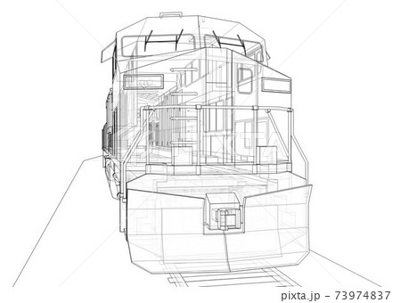 Modern diesel railway locomotive with great power and strength for moving long and heavy railroad train. 3d rendering. Modern diesel railway locomotive with great power and strength for moving long and heavy railroad train. 3d rendering. 73974837