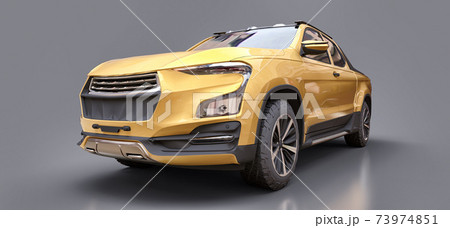 3D illustration of yellow concept cargo pickup truck on grey isolated background. 3d rendering. 3D illustration of yellow concept cargo pickup truck on grey isolated background. 3d rendering. 73974851