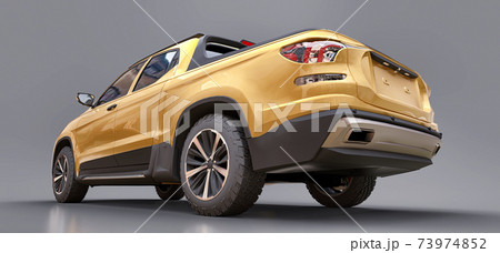 3D illustration of yellow concept cargo pickup truck on grey isolated background. 3d rendering. 3D illustration of yellow concept cargo pickup truck on grey isolated background. 3d rendering. 73974852