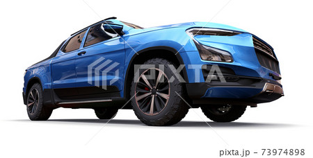 3D illustration of blue concept cargo pickup truck on white isolated background. 3d rendering. 3D illustration of blue concept cargo pickup truck on white isolated background. 3d rendering. 73974898