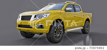 Yellow commercial vehicle delivery truck with a double cab. Machine without insignia with a clean empty body to accommodate your logos and labels. 3d rendering. Yellow commercial vehicle delivery truck with a double cab. Machine without insignia with a clean empty body to accommodate your logos and labels. 3d rendering. 73974902