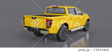 Yellow commercial vehicle delivery truck with a double cab. Machine without insignia with a clean empty body to accommodate your logos and labels. 3d rendering. Yellow commercial vehicle delivery truck with a double cab. Machine without insignia with a clean empty body to accommodate your logos and labels. 3d rendering. 73974905
