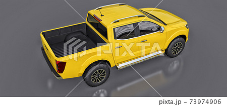 Yellow commercial vehicle delivery truck with a double cab. Machine without insignia with a clean empty body to accommodate your logos and labels. 3d rendering. Yellow commercial vehicle delivery truck with a double cab. Machine without insignia with a clean empty body to accommodate your logos and labels. 3d rendering. 73974906