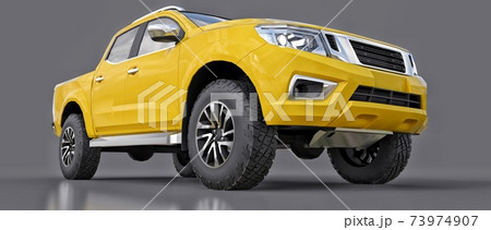 Yellow commercial vehicle delivery truck with a double cab. Machine without insignia with a clean empty body to accommodate your logos and labels. 3d rendering. 73974907