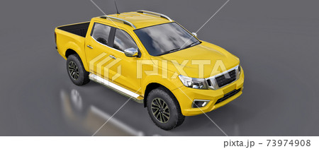 Yellow commercial vehicle delivery truck with a double cab. Machine without insignia with a clean empty body to accommodate your logos and labels. 3d rendering. 73974908