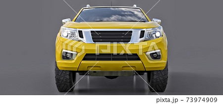 Yellow commercial vehicle delivery truck with a double cab. Machine without insignia with a clean empty body to accommodate your logos and labels. 3d rendering. Yellow commercial vehicle delivery truck with a double cab. Machine without insignia with a clean empty body to accommodate your logos and labels. 3d rendering. 73974909