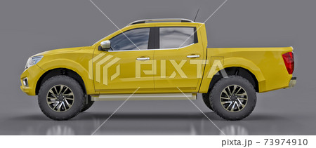 Yellow commercial vehicle delivery truck with a double cab. Machine without insignia with a clean empty body to accommodate your logos and labels. 3d rendering. Yellow commercial vehicle delivery truck with a double cab. Machine without insignia with a clean empty body to accommodate your logos and labels. 3d rendering. 73974910