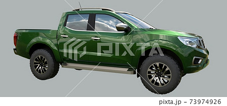 Green commercial vehicle delivery truck with a double cab. Machine without insignia with a clean empty body to accommodate your logos and labels. 3d rendering. 73974926