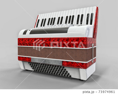 Red and white accordion on grey isolated background. 3d illustration. 73974961