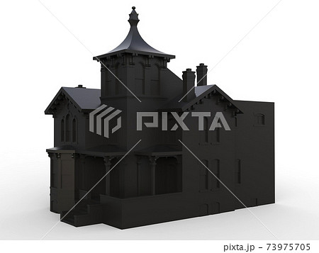 Black old house in Victorian style. Illustration on white background. Species from different sides. 3d rendering. 73975705