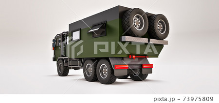 Big green truck prepared for long and challenging expeditions in remote areas. Truck with a house on wheels. 3d illustration. 73975809