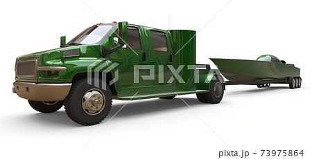 Green truck with a trailer for transporting a racing boat on a white background. 3d rendering. Green truck with a trailer for transporting a racing boat on a white background. 3d rendering. 73975864