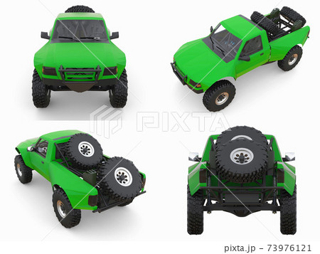 Set most prepared green sports race truck for the desert terrain. 3d illustration. Set most prepared green sports race truck for the desert terrain. 3d illustration. 73976121