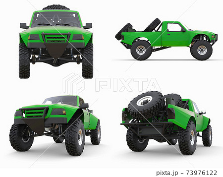 Set most prepared green sports race truck for the desert terrain. 3d illustration. Set most prepared green sports race truck for the desert terrain. 3d illustration. 73976122