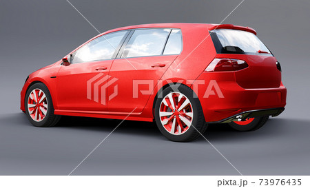 Red small family car hatchback on gray background. 3d rendering. Red small family car hatchback on gray background. 3d rendering. 73976435