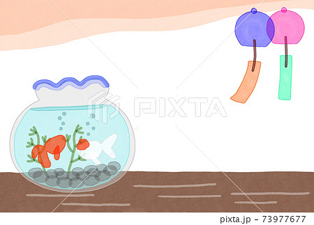 暑中お見舞い 金魚鉢で泳ぐ金魚と風鈴 グリーティングカードのイラスト素材