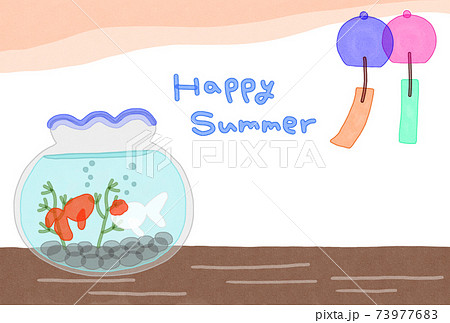 金魚鉢の金魚と風鈴 暑中お見舞いハガキテンプレートのイラスト素材