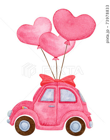 手描き水彩 ピンクの車 ハートの風船 イラストのイラスト素材 7397