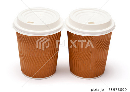 two paper coffee cups with plastic top isolated on white background with clipping path 73978890