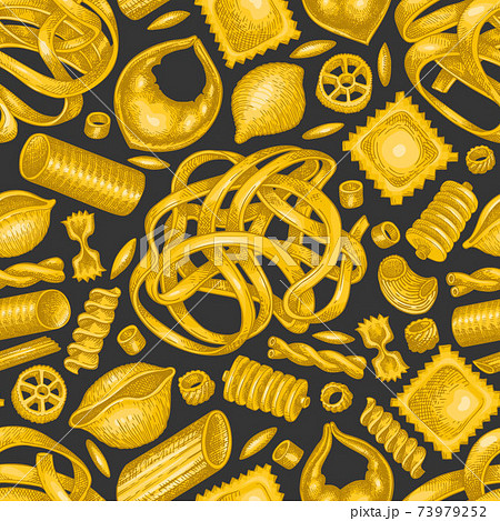 Italian pasta seamless pattern. Hand drawn vector food illustration. Vintage pasta different kinds background. 73979252
