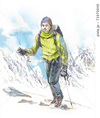 雪山をトレッキングする男性の水彩イラスト ハイキング 雪山登山のイラスト素材