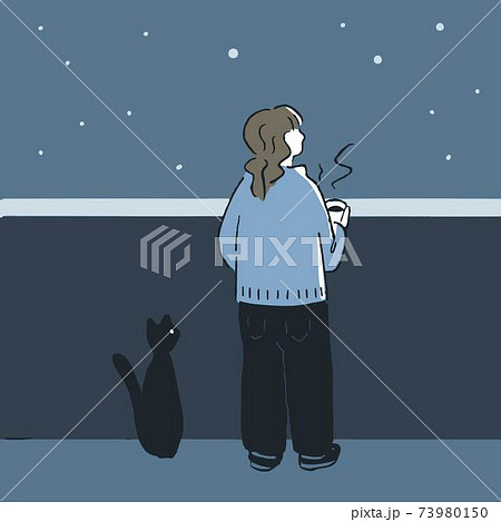 夜空を見ながらコーヒーを飲む女性と黒猫のイラスト素材 夜空を見ながらコーヒーを飲む女性と黒猫のイラスト素材