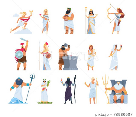 Cartoon Greek gods. Members of divine pantheon of Greece. Mythology persons in toga and golden helmet or wreath. Collection of Olympian deities, vector gorgeous legends character set 73980607